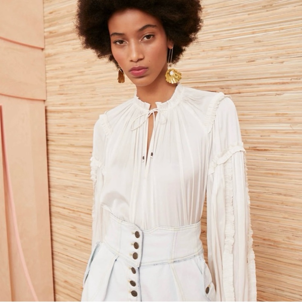 Ulla Johnson Maeve Blouse White Plisse Satin Blouse $395 Peasant Size 10